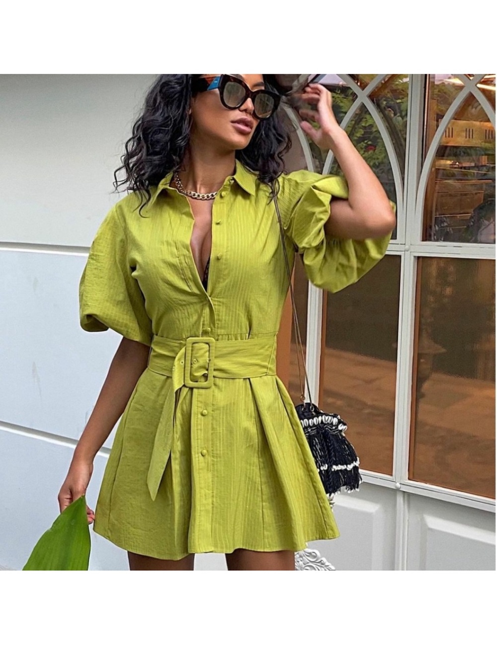 Zara Lime Green Belted Shirt Dress - Women